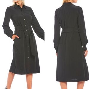 NWT LDT Size 14 Black Adrienne Button Front Belted Shirt Midi Dress Long Sleeve